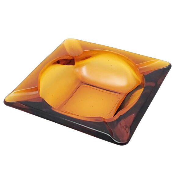 Vtg Lot of 2 Amber Glass MCM Slotted Square 3" & 4.5" Ashtray Bundle Collectible - Picture 4 of 14